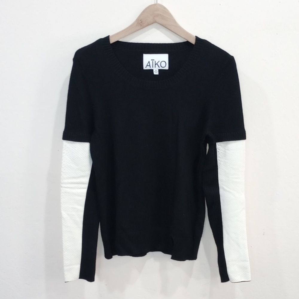 AiKO Kwan Black Sweater Cashmere Blend Ivory Leather Snakeskin Sleeves - M